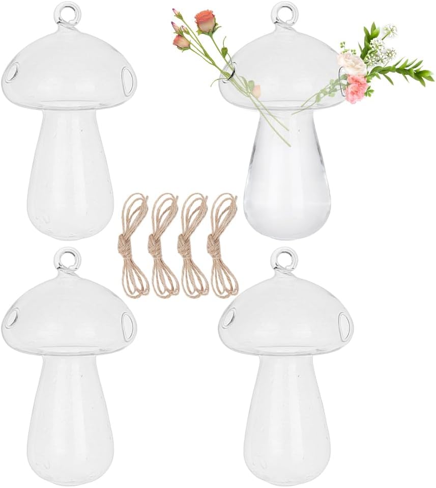 4pcs Glass Hanging Planter Air Fern Holder Hanging Hydroponic Vases with Jute Rope Terrarium Plants Hanger Vase Succulent Planter Terrariums for Moss Air Plants Christmas Decor (Mushroom)