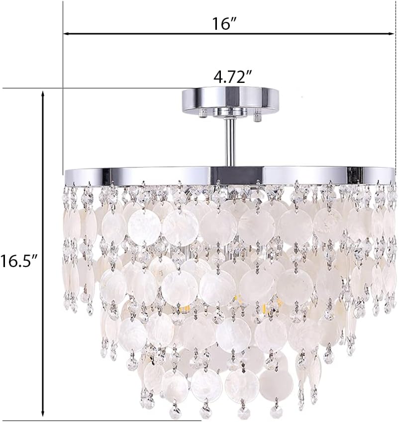 TOCHIC Modern Capiz Shell Chandelier, Boho Coastal Beach Chandelier for Bedroom, Small Semi Flush Mount Ceiling Pendant Light Fixture for Dining Living Room, Kids Room,16”W,Chrome