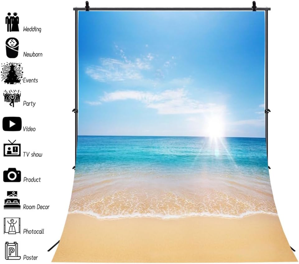 AOFOTO 8x10ft Beach Photography Studio Backdrop Sea Waves Background Blue Sea Clear Sky Sunlight Kid Baby Lover Adult Portrait Wedding Travel Vacation Photo Props Video Drape Wallpaper