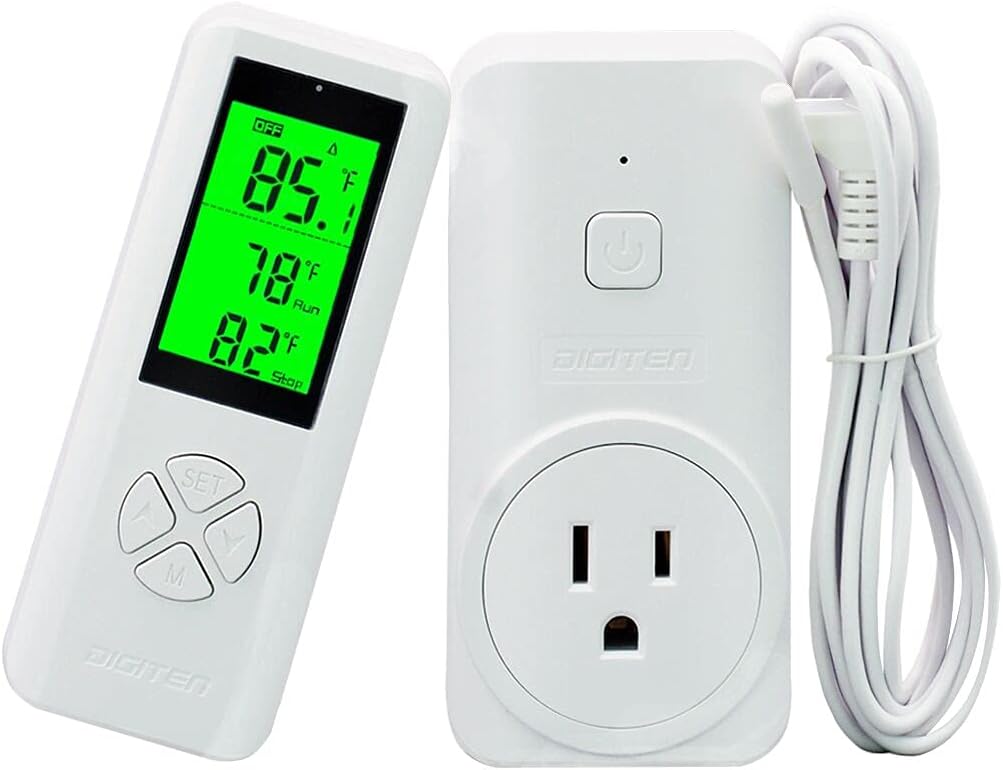 Digital WTC200 Wireless Thermostat Plug-in Temperature Controller Outlet, Remote Temp Controller, Thermometer Heating Cooling Mode for Fan Heater Greenhouse Home Brew Reptile - White