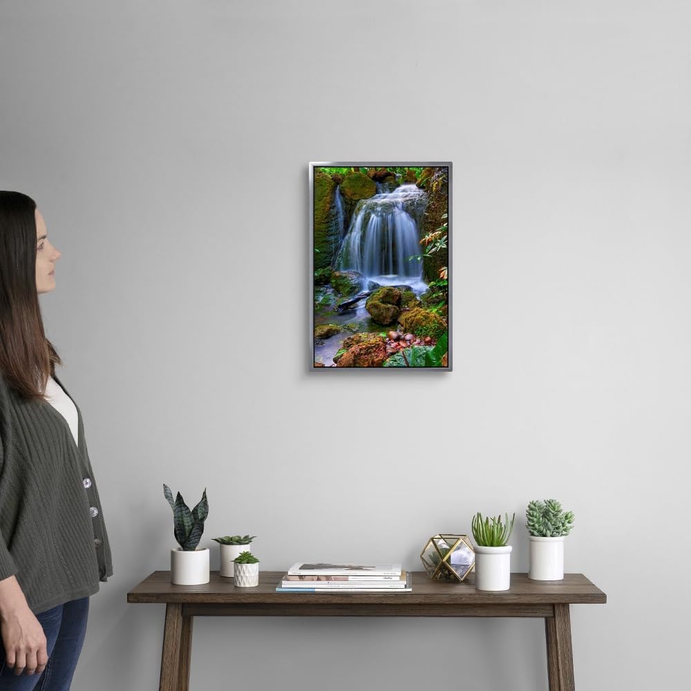 CANVAS ON DEMAND Waterfall in Tropical Rainforest of Fairchild Tropical Gardens, Silver Float Framed Canvas Wall Art Print, Home Decor, Floral, Flowers, Nature Artwork, 12" x18in