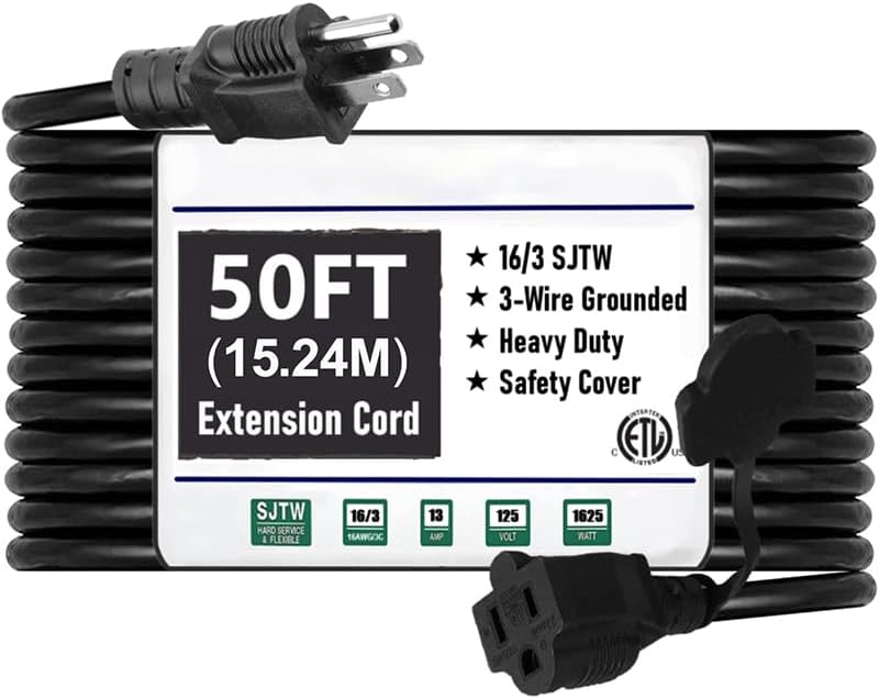 BLIATLUS Heavy Duty 3-Prong Extension Cord 50FT, 16 SJTW AWG Power Cable for Indoor and Outdoor Use, ETL Certified NEMA 5-15P to NEMA 5-15R Power Cord