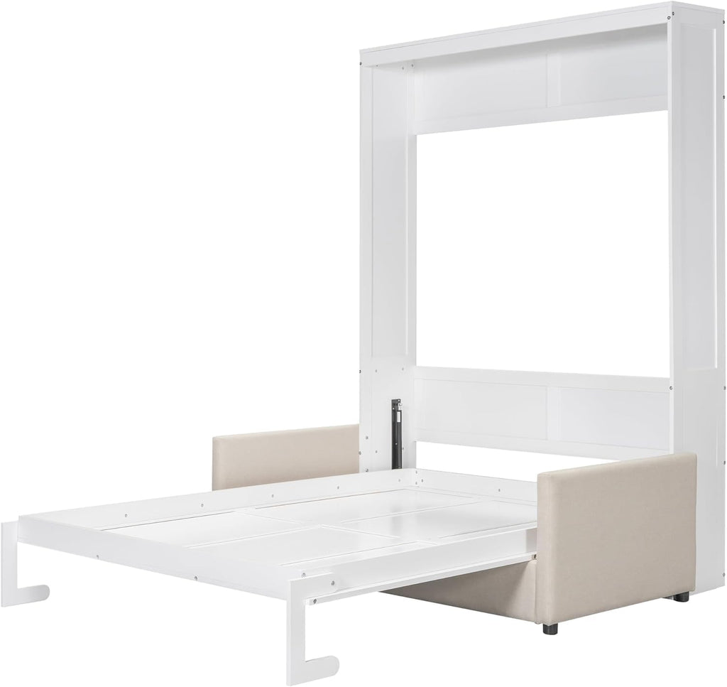 Queen Murphy Bed with Couch,Wood Folding Murphy Wall Bed Cabinet with Sofa,White