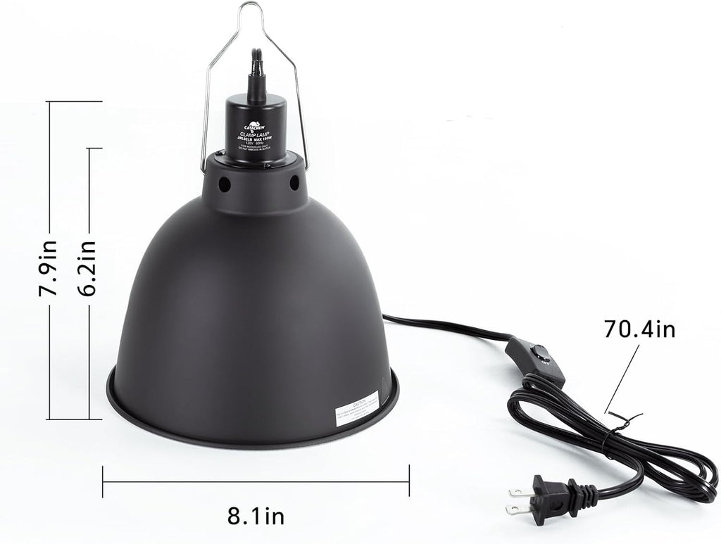 Reptile Light Fixture, 8.1in Deep Dome Reptile Heat Lamp Fixture with Switch, Terrarium UVB Basking Light Fixture for Bearded Dragon Snake Chameleon Lizard, Suitable for E26 Bulbs Up to 150W