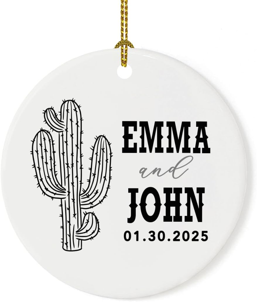 Andaz Press 2.8" Ceramic Porcelain Personalized Christmas Cactus Ornament, Western Cactus, Custom Cactus Christmas Ornaments, Succulent Ornament Cactus Decor, Wedding, Engagement Gift for Couples