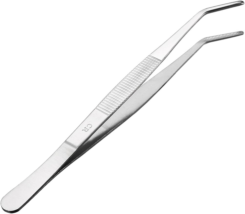 uxcell 8-Inch Stainless Steel Tweezers with Curved Serrated Tip Daily Garden Tool