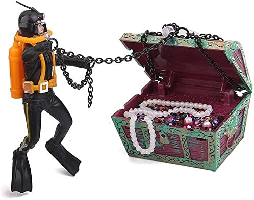 Mesee Aquarium Decor Creative Treasure Seeker, Fish Tank Ornament Undersea Landscape Treasure Chest Hunt Diver Air-Operated Decoration - Black