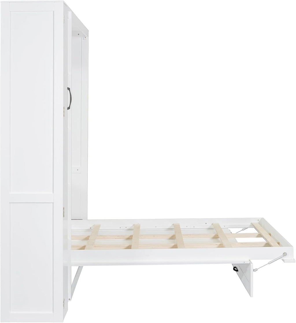 Merax Full Size Murphy Bed Wall Bed with Shelves, Drawers and LED Lights,White