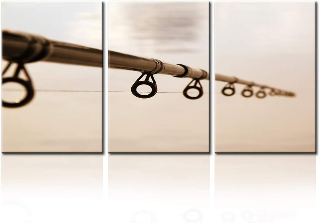 TUMOVO Fishing Rod Picture for Living Room Fishing Tackle Wall Art Angling Artwork 3 Panel Brown Canvas Grunge Paintings Giclee Home Modern Decor Framed Ready to Hang Posters and Prints(48”WX24”H)