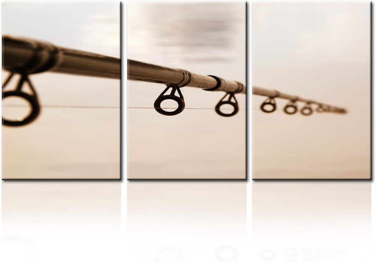 TUMOVO Fishing Rod Picture for Living Room Fishing Tackle Wall Art Angling Artwork 3 Panel Brown Canvas Grunge Paintings Giclee Home Modern Decor Framed Ready to Hang Posters and Prints(48”WX24”H)