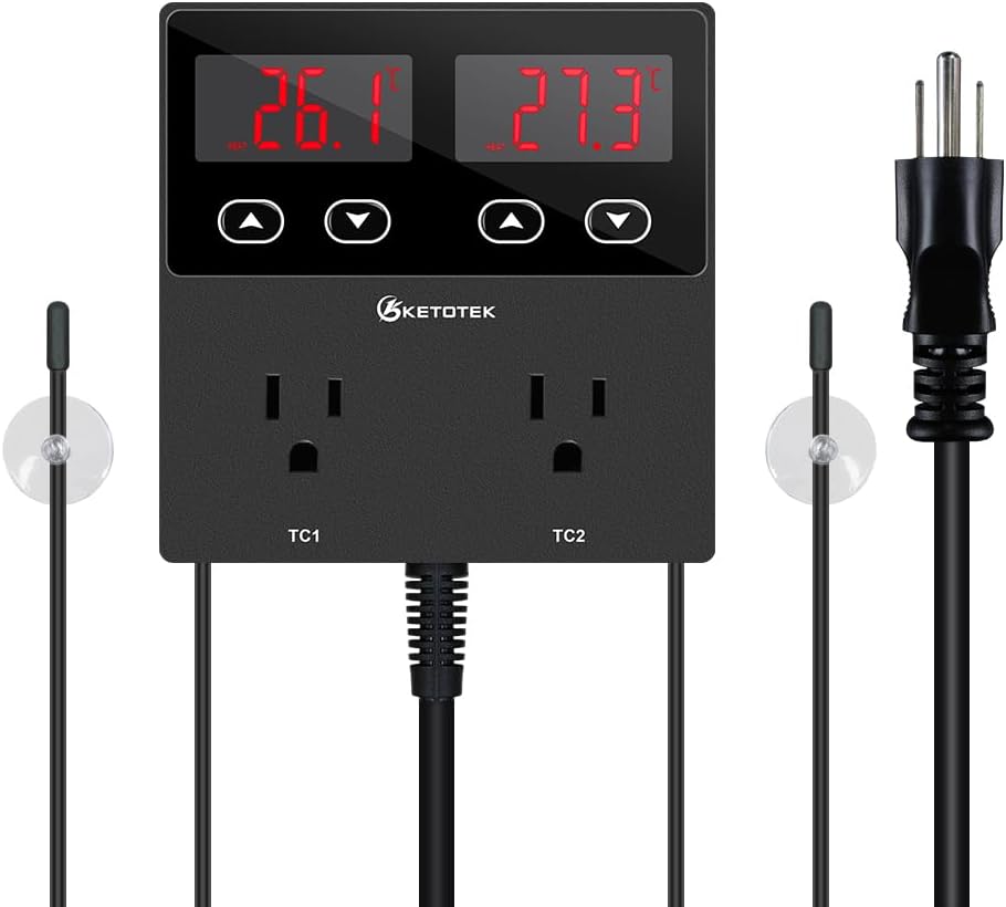 KETOTEK KT99pro Dual Digital Temperature Controller Outlet 10A Relay Heating Coolling Thermostat Controlled Socket with Sensor for Reptile Brewing Fermentation Breeding Incubation Greenhouse