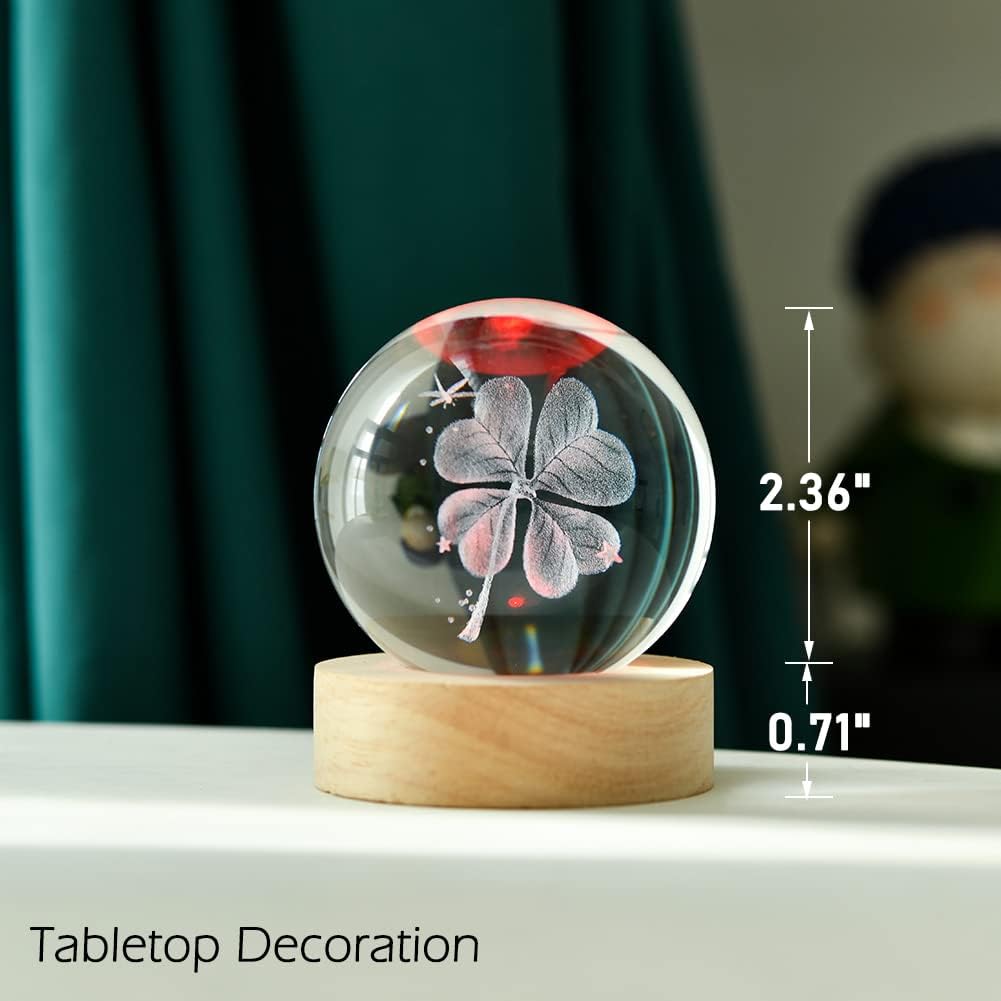 3D Four-Leaf Clover Crystal Ball 60mm Good Luck Gifts Ideas with Multicolor Lighting Base