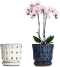 Orchid Pots with Holes Attached Saucers 5 Inches - 2 Pcs Small Ceramic Pots for Repotting, Decorative Ceramic Orchid Planter with Hole for Healthy Root Growth (White and Blue)