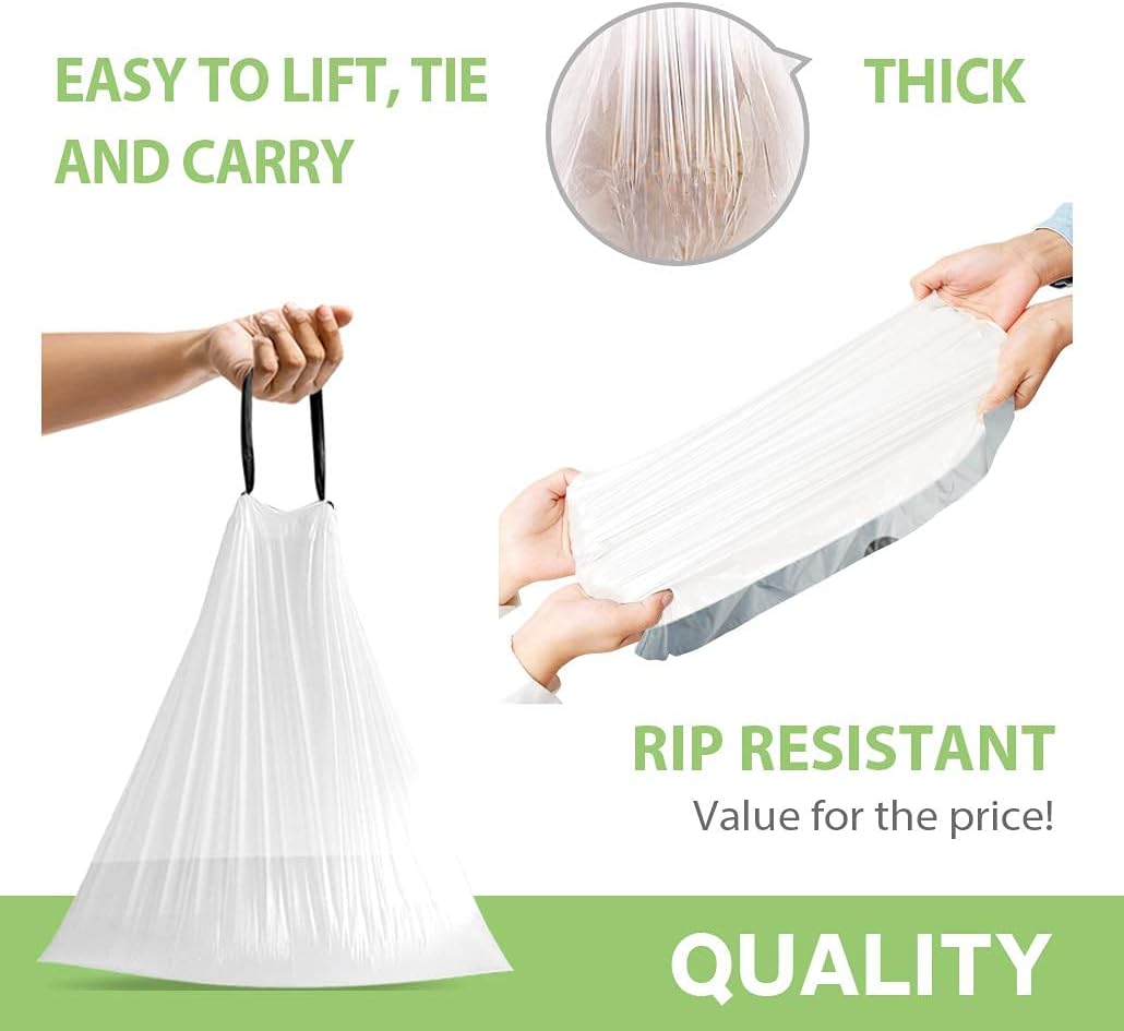 3 Gallon 220pcs Strong Drawstring Trash Bags Garbage Bags by Teivio, Bathroom Trash Can Bin Liners, Small Plastic Bags for home office kitchen, White
