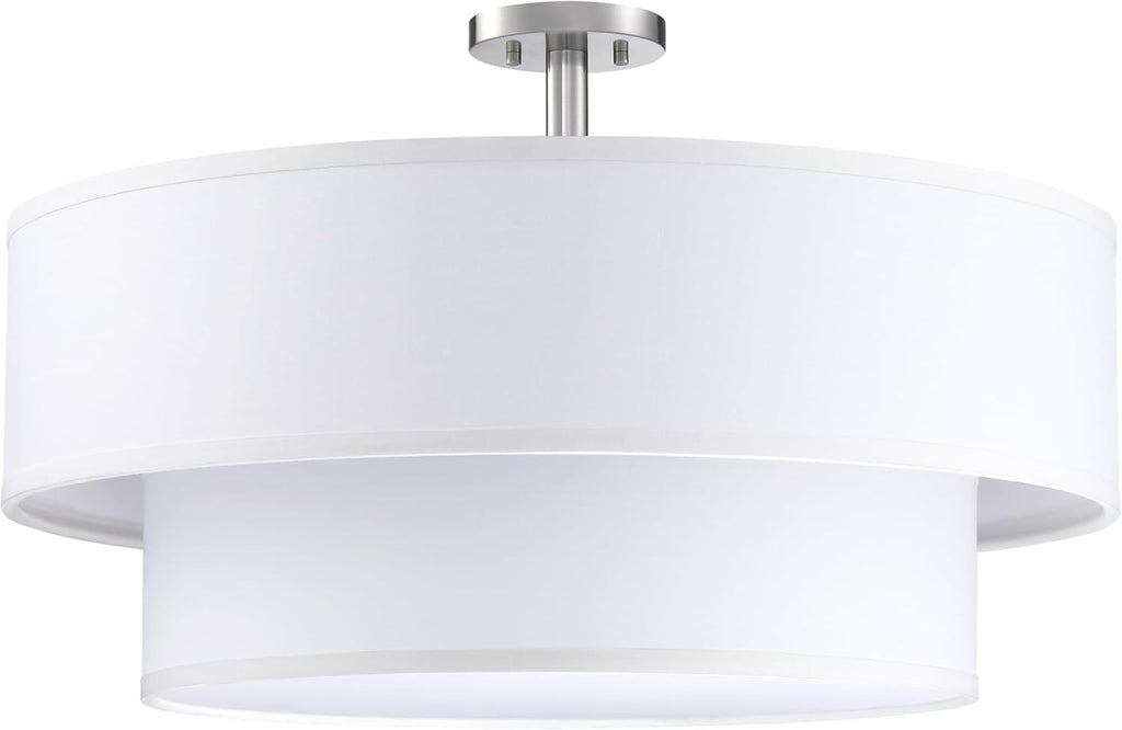 5 Light Off White Double Drum Fabric Shade Semi Flush Mount Ceiling Light,Close to Ceiling Light Fixture Brushed Nickel Finish,24 inch Semi Flush Drum Light for Bedroom,Living Room,Dining Room Hallway