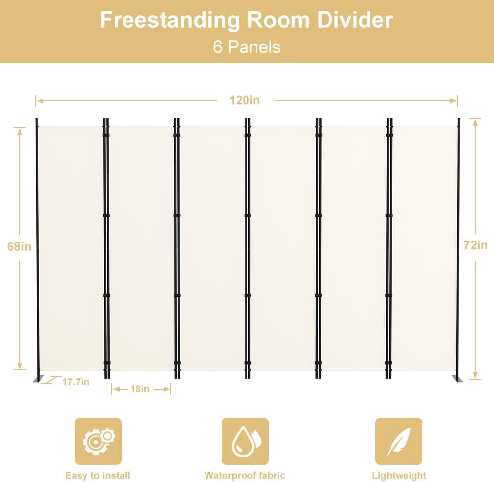 Kokorona 6 Panel Room Divider, 6FT Tall Folding Privacy Screen Wall Dividers, Portable Privacy Screen Freestanding Room Divider for Room Separation, Included - Cover Strips, Beige, 120''W x 72''H