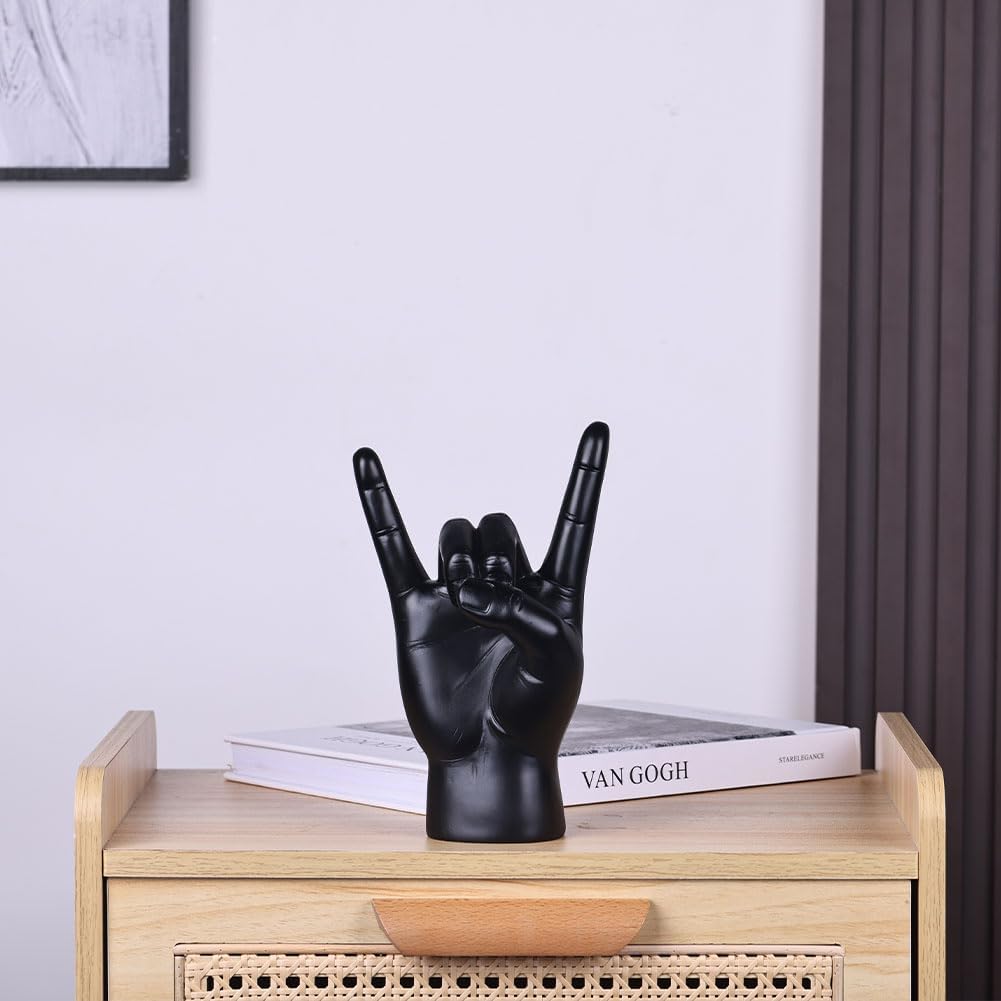 QIANLING 7.7" Black Resin Rock On Hand Gesture Statue - Rock Culture Music Lovers' Decorative Tabletop Sculpture for Bookshelf, Desk & Mantel Decor in Home or Office, Modern Symbolic Figurine