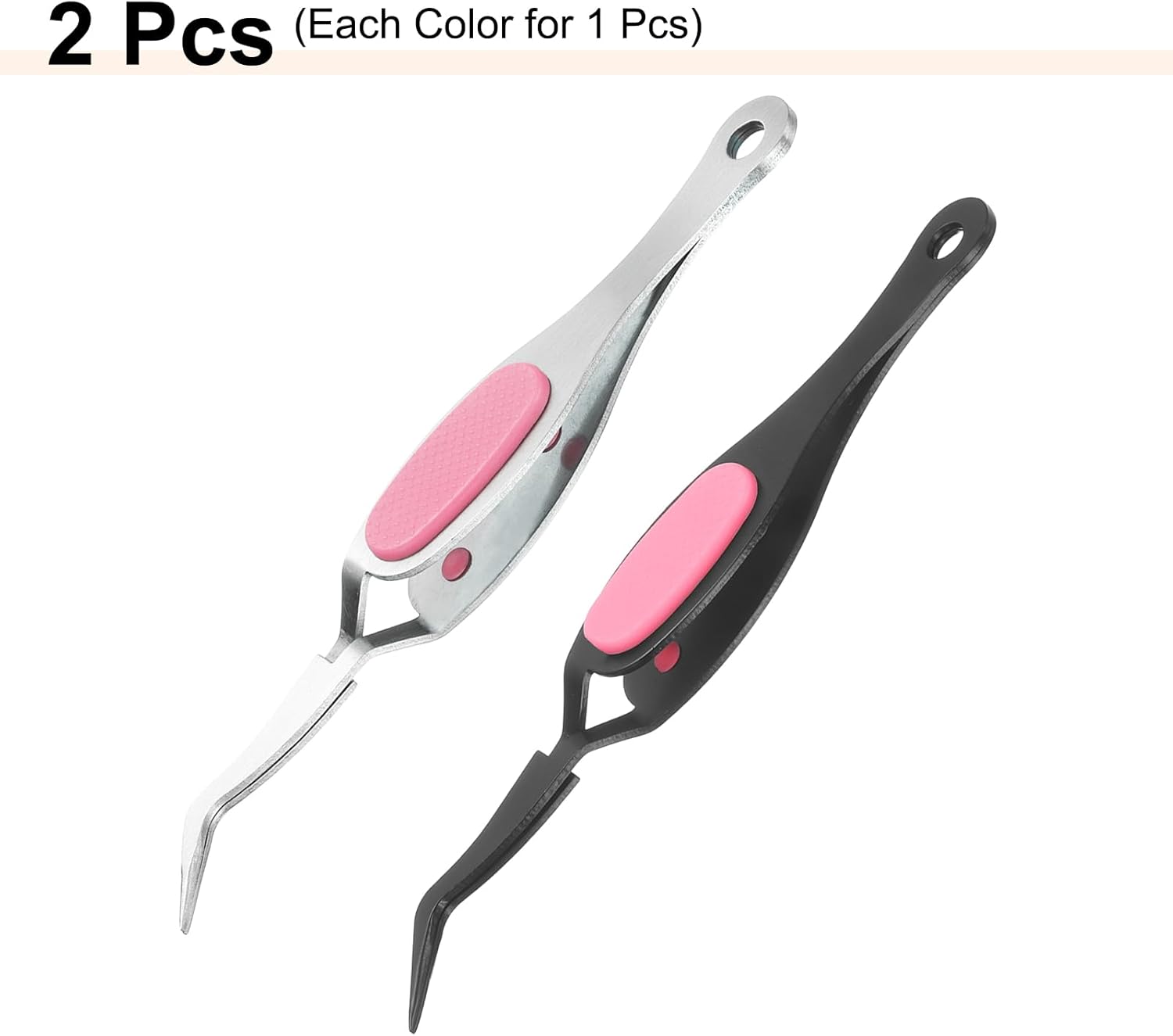 HARFINGTON 2pcs Craft Tweezers Precision Crossing Lock Curved Stainless Steel Soft Reverse Grip Fine Tip Tweezers for DIY Craft Jewelry Beading Electronics, Black Silver Pink
