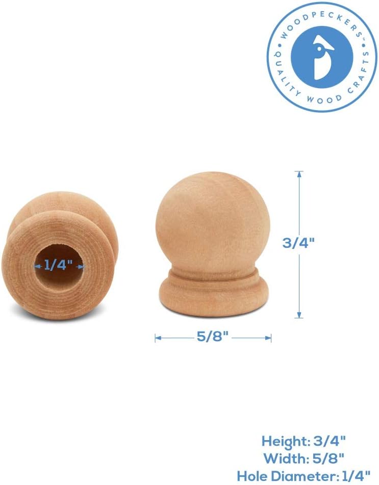 Wood Finials, 3/4 Inch Tall with 1/4 Inch Hole, Unfinished Wood Finials for 1/4 Inch Dowel Rods, Wood Dowel Caps for Crafts and DIY, Pack of 50 by Woodpeckers