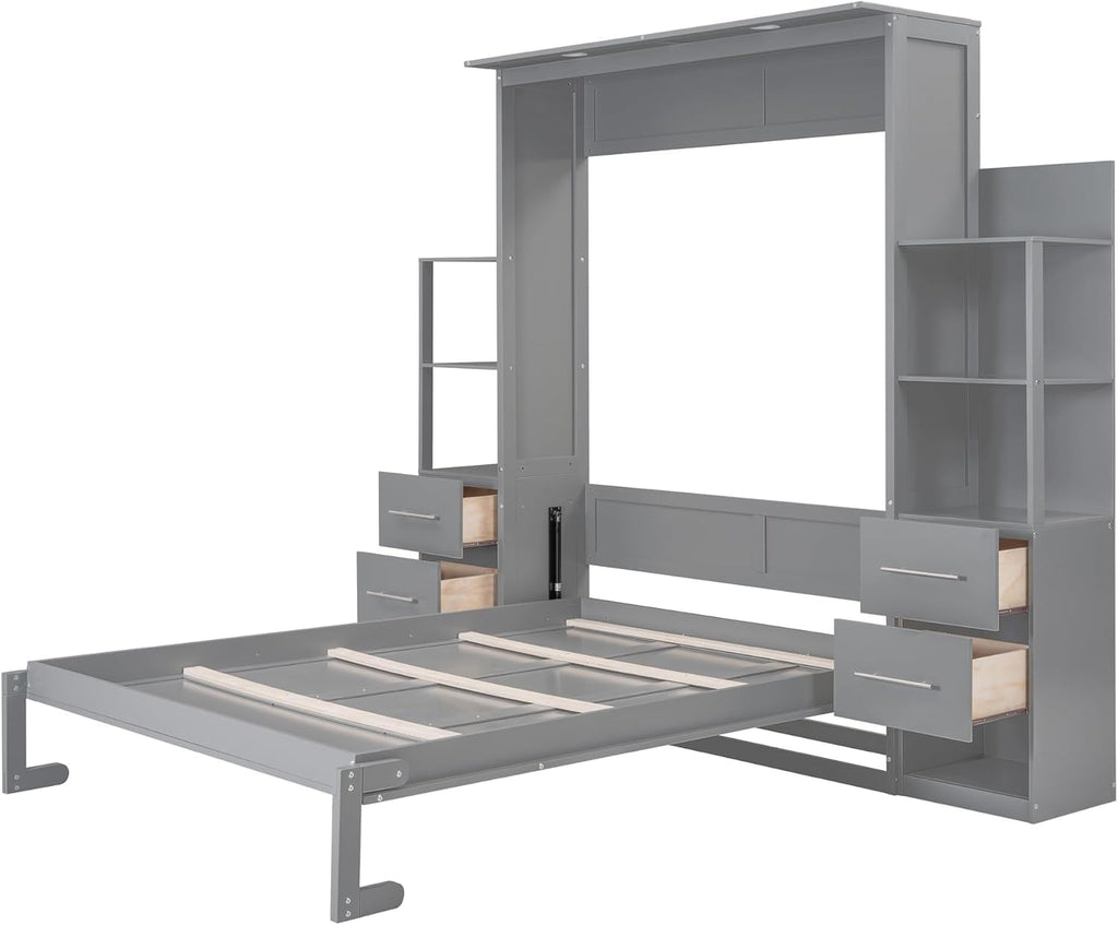 MERITLINE Queen Murphy Bed with Storage Shelves,Bookcase,Drawers & LED Lights,Wood Murphy Wall Bed Cabinet for Adults