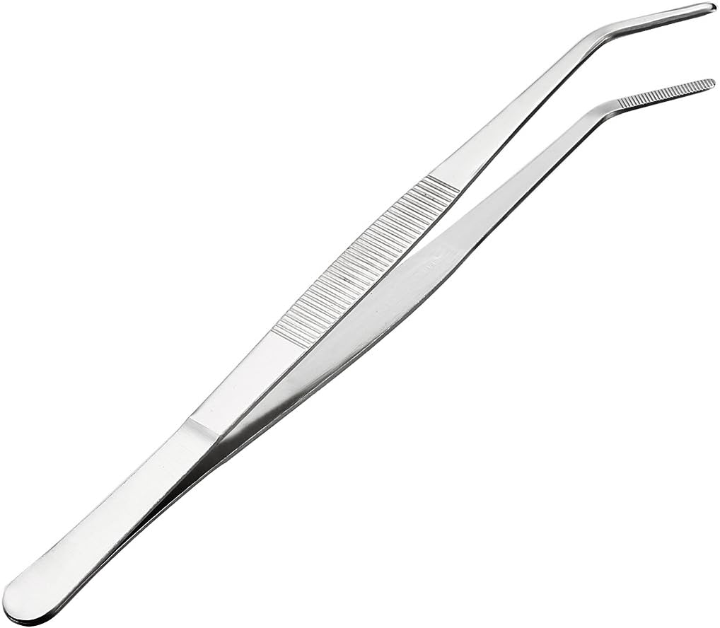 uxcell 10-Inch Stainless Steel Tweezers with Curved Serrated Tip Daily Garden Tool