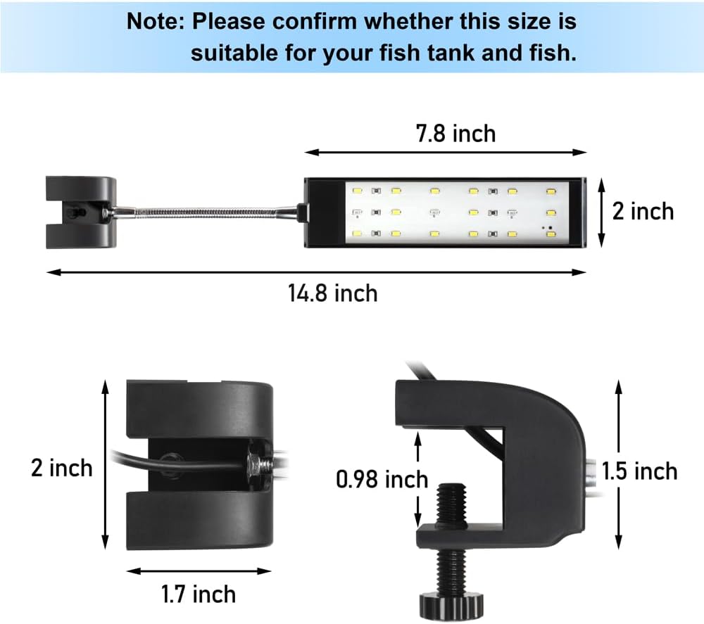 Aquarium Light Small LED Clip Light for Fish Tank 7W, 1 Yr Warranty