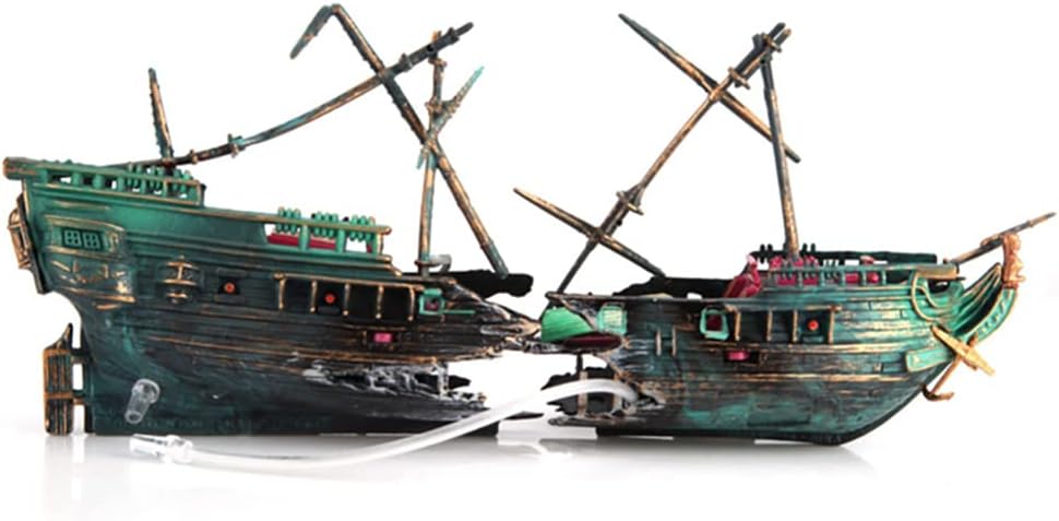 SLOCME Aquarium Shipwreck Decorations - Air Bubbler Sunken Ship Ornament, Fish Tank Air Action Aerating Decorations