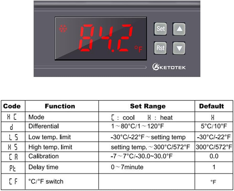 KETOTEK KT8230 Digital Temperature Controller Thermostat Regulator 120VAC 30A Fahrenheit -22~572℉ Heating Cooling for Incubator Brooder Refrigerator Fermenter Greenhouse Reptile
