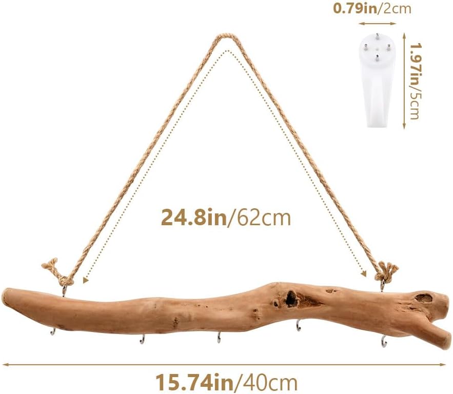 2Pcs 15.74 Inch Driftwood Decorative Branches with 5 Hooks, Rustic Wall Hanging Decor for Hanging Jewelry, Keys, Hats(COLOR:2Pcs)