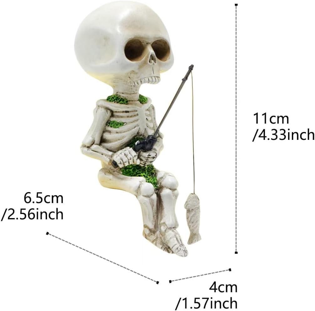 Cute Funny Skeleton Fishing Figurine,Halloween Christmas Decor, Versatile Skull Accessory for Fish Tank, Garden Pond, Desk & Bookshelf