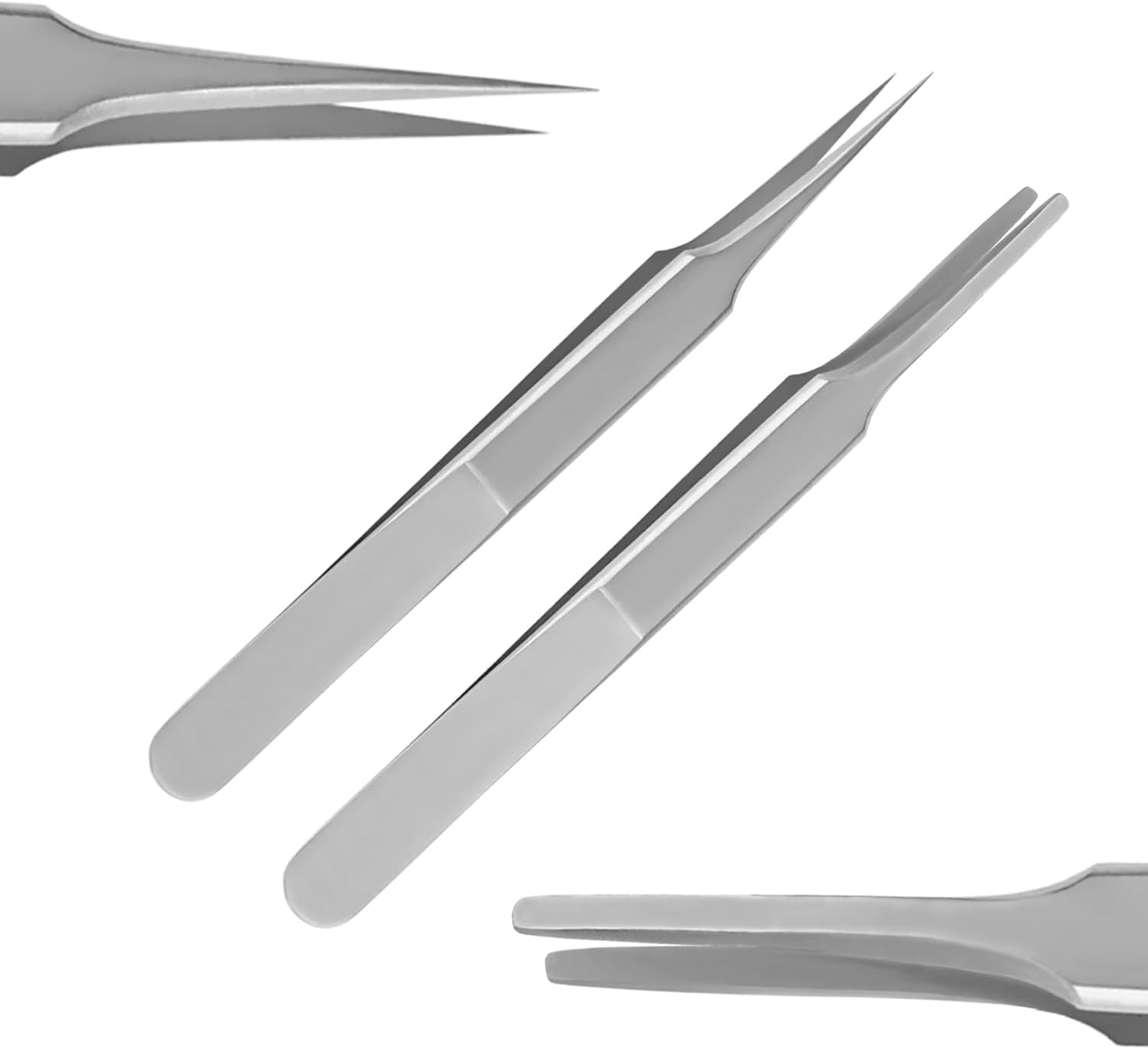 Splinter Forceps - Fine Point - Tweezers Stainless Steel Straight & Curved (Set of 8 Pcs W Magnifying Glass)
