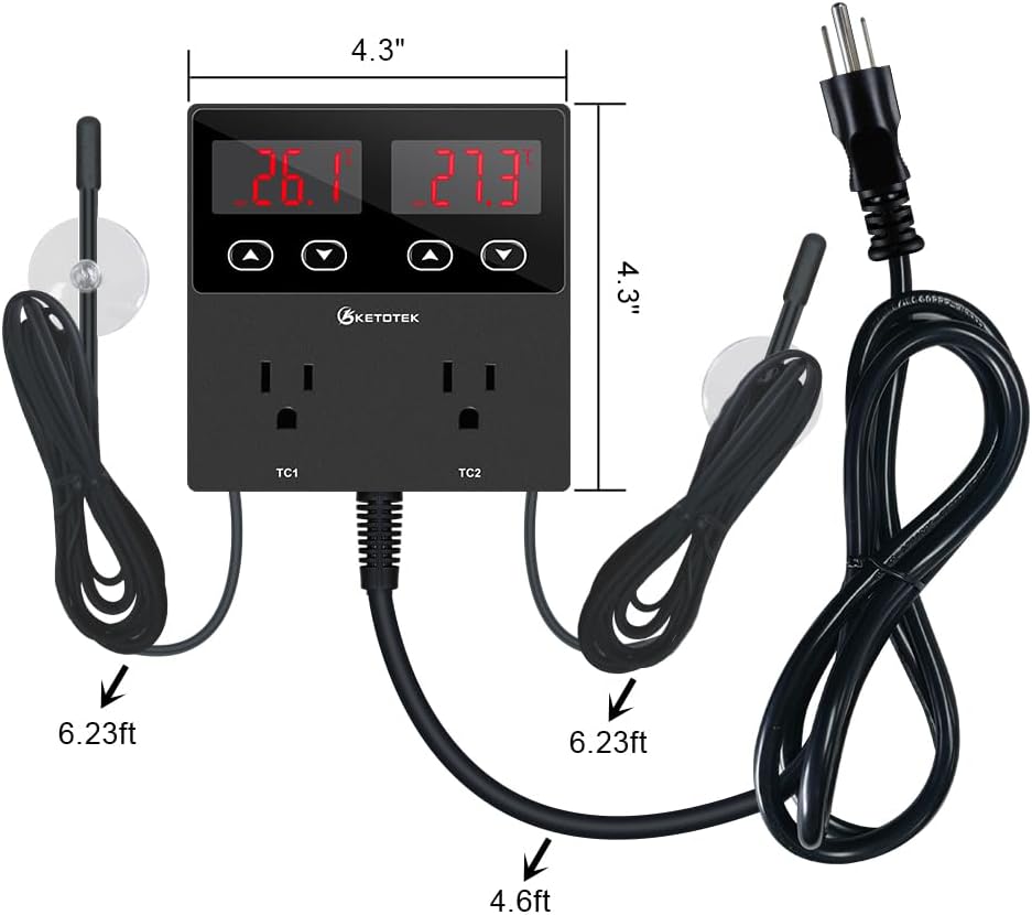 KETOTEK KT99pro Dual Digital Temperature Controller Outlet 10A Relay Heating Coolling Thermostat Controlled Socket with Sensor for Reptile Brewing Fermentation Breeding Incubation Greenhouse