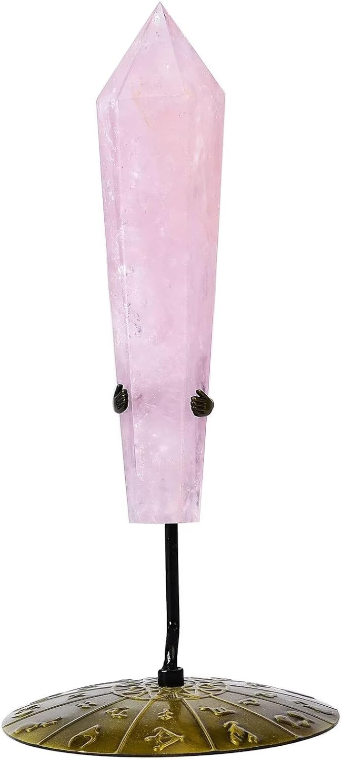Rose Quartz Wand Point Long Healing Crystal Scepter Decorative Stone Reiki Meditation with Display Stand Home Office Decor 0.4-0.6LBS