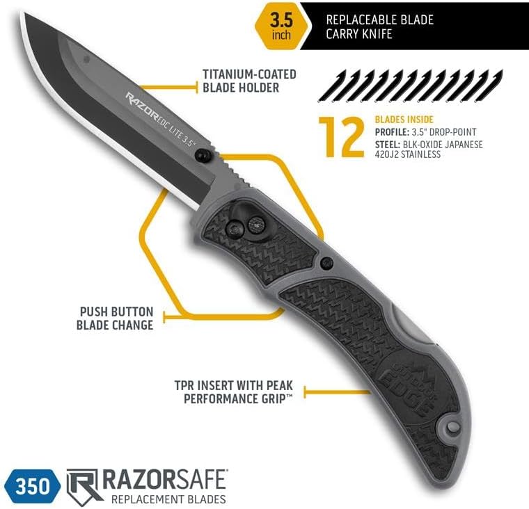 OUTDOOR EDGE 3.5" RazorLite EDC Pocket Knife (Obsidian Black), with Replaceable Blades and Clip, Perfect Carry Knive for Camping, Hunting and Survival, Includes 12 Black Steel Drop Point Blades