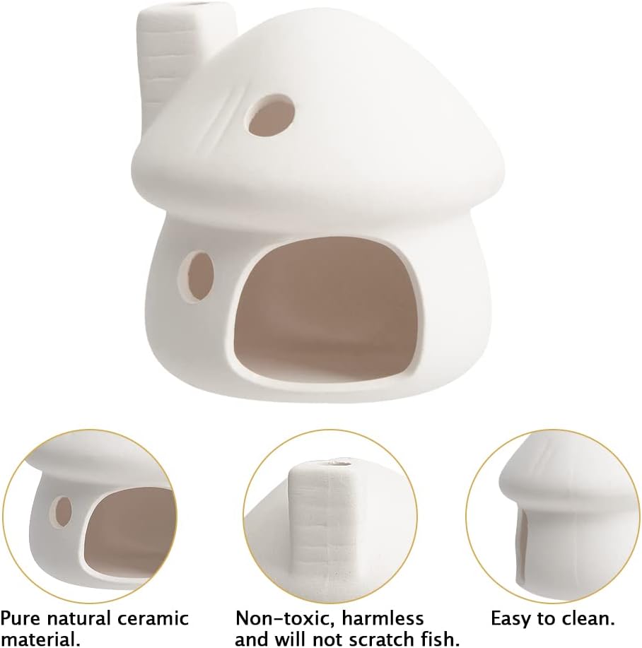 Aquarium Decor Ceramic Mushroom House Ornament Fish Tank Landscape Decoration Pottery Hide Cave Habitat Hut Small Shrimp for Goldfishes to Rest Breed Hiding (White)