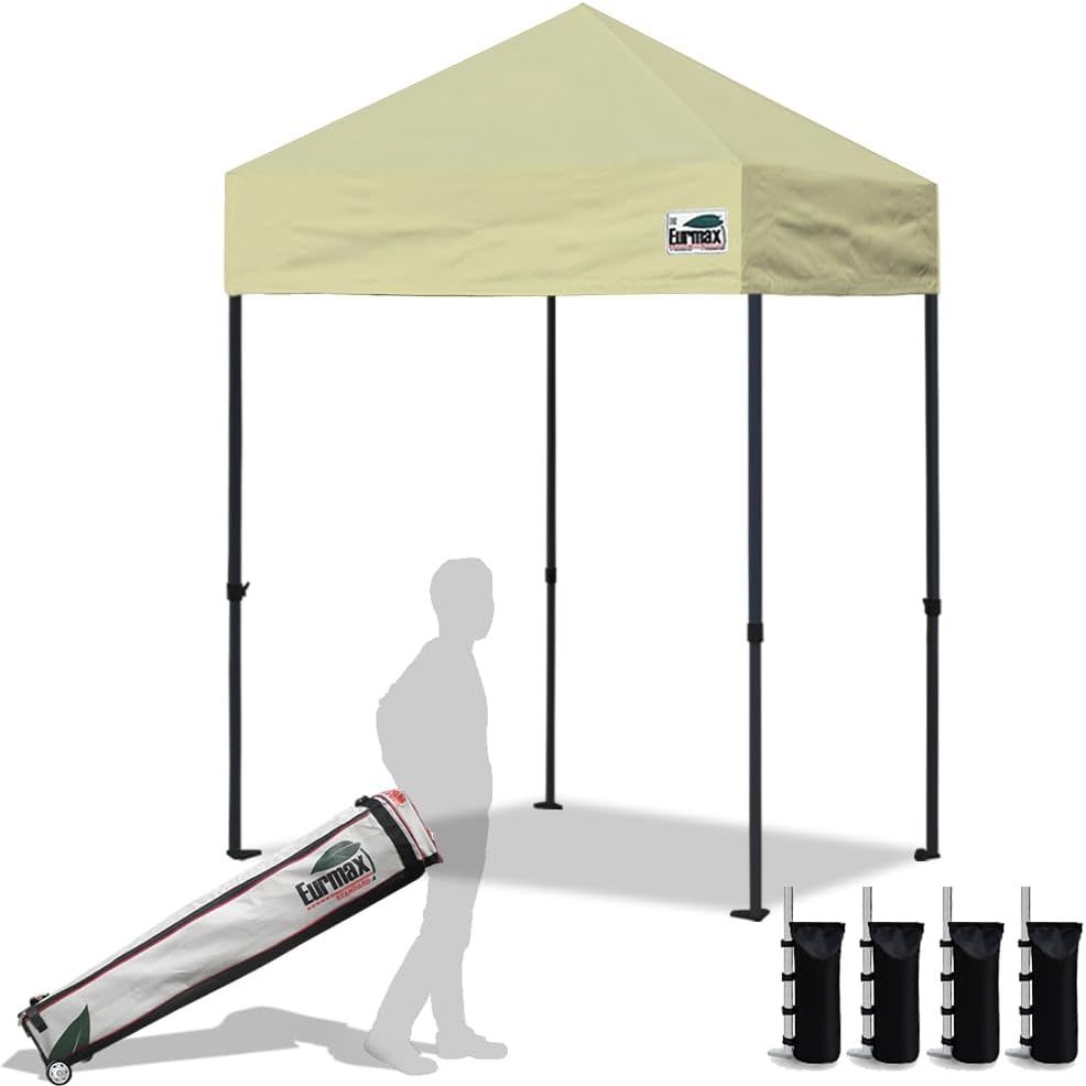 Eurmax USA 5'x5' Pop Up Canopy Tent Commercial Instant Canopies with Heavy Duty Roller Bag,Bonus 4 Sand Weights Bags (Beige)