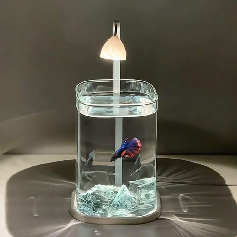 LED Fish Tank LED Fish Tank Lamp with Decorative Glass Container, Modern Aquarium Night Light, Illuminated Water Display with Blue Betta Fish Design