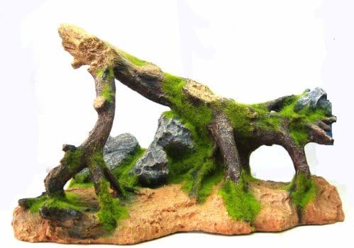 Large Artificial Tree Root Branch & Rocks with Moss Aquarium Fish Tank Ornament 12 Inches Long | Artificial Resin Ornament Safe for Fish, Turtles & Reptiles Aquascape Decor