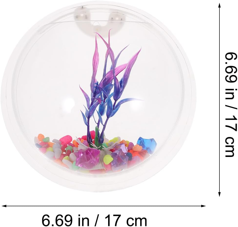 POPETPOP Transparent Wall Mounted Fish Tank Acrylic Hanging Aquarium with Artificial Plants Space-Saving Wall Decor for Home 6.69X6.69X3.14 Inches