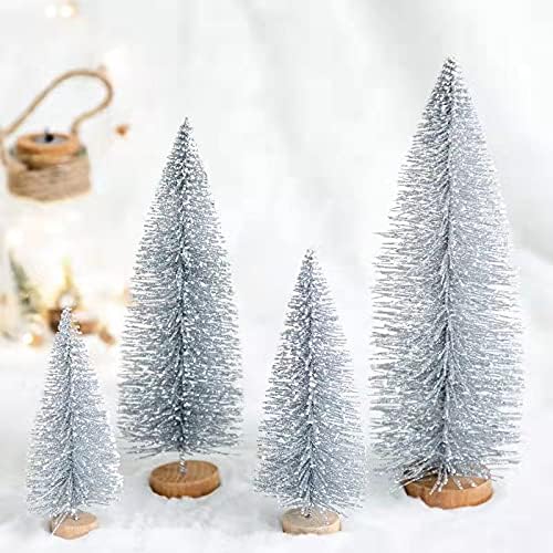 8 Pcs Artificial Mini Christmas Trees, Miniature Pine Trees Sisal Trees with Wood Base Tabletop Christmas Tree for Christmas Xmas Holiday New Year (Sliver, 8 pcs)