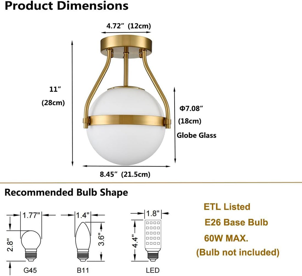 HOLKIRT Modern Light Fixture,Mid Century Semi Flush Mount Ceiling Light,Kitchen Light Fixtures Hallway Light Fixtures Ceiling,Brass Globe Ceiling Light Bedroom with Opal Glass 7Inch/18CM