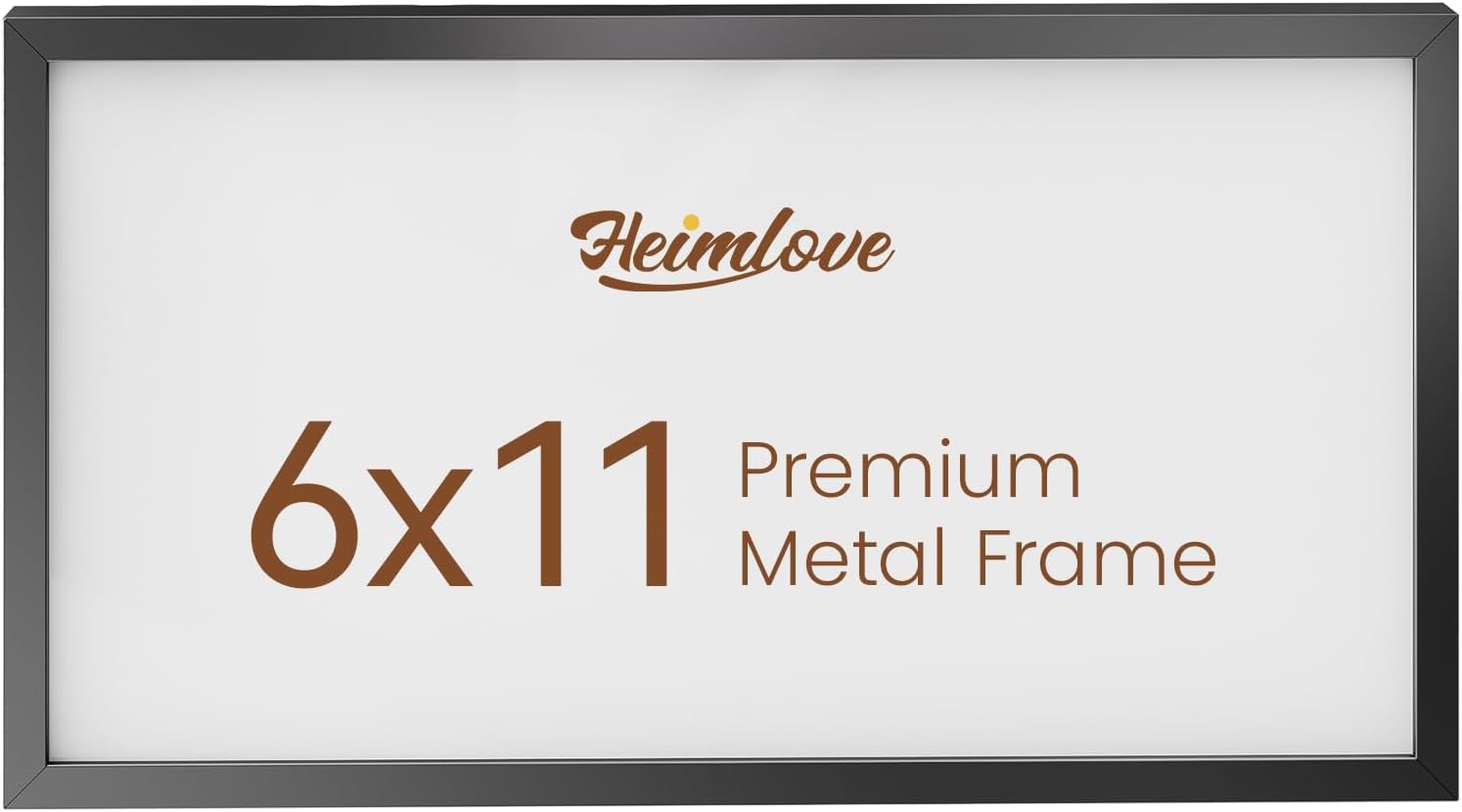Heimlove 6x11 Metal Picture Frame,Black Aluminum Photo Frames-Real Tempered Glass,Tabletop Display,Mounting Horizontally or Vertically Decor for Wall-1Pack