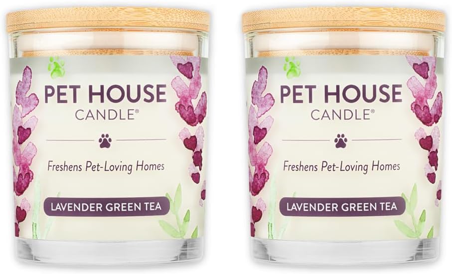 One Fur All Pet House Candle 2 Pack - Plant-Based/Soy - Clean Burning Scented, Long Lasting Pet Odor Candle for Home - Lavender Green Tea