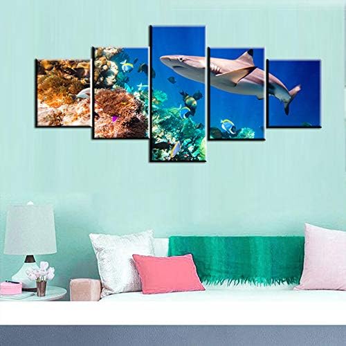 House Decorations Living Room Sharks and Many Small Fishes Pictures Blue Undersea Paintings 5 Panel Coral Canvas Wall Art Seascape Artwork Framed Giclee Ready to Hang Poster and Prints(50''Wx24''H)