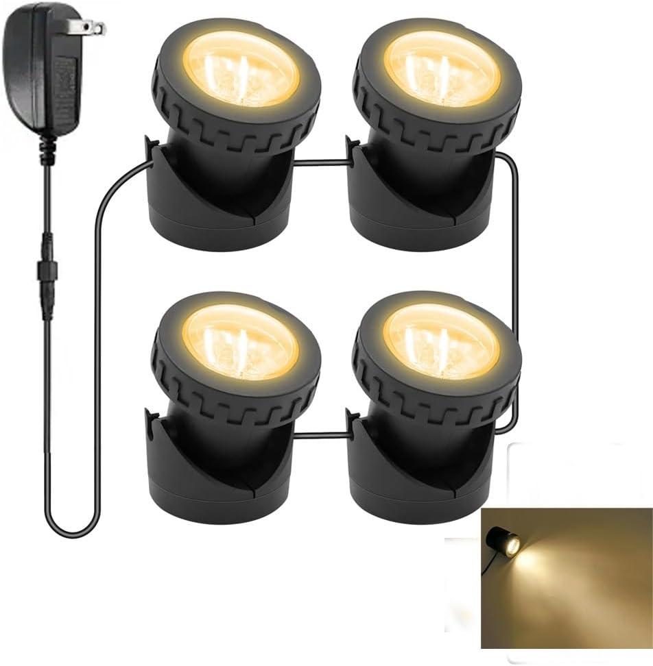 Warm White Pond Lights, Underwater Landscape Spotlights, IP68 Waterproof Submersible Fountain Lights for Garden Yard Aquarium Pond Fountain Waterfall (4 Lights)