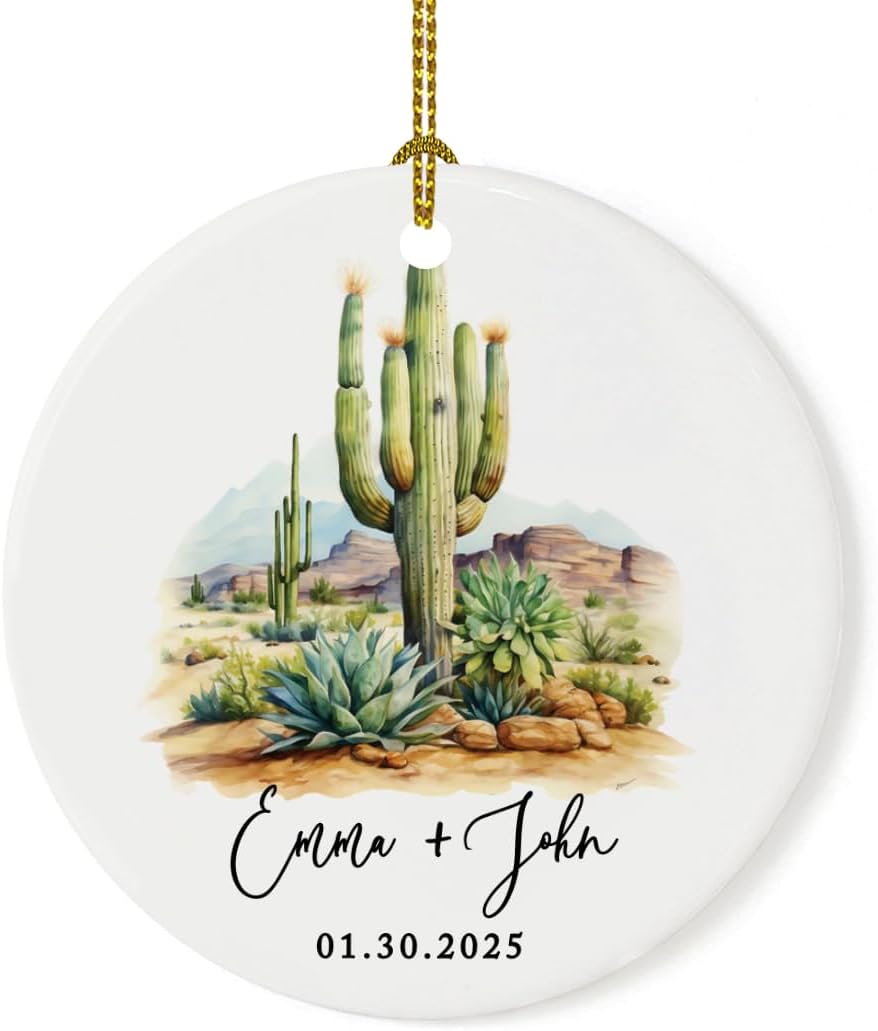 Andaz Press 2.8" Ceramic Porcelain Personalized Christmas Cactus Ornament, Desert Wedding Design, Custom Cactus Christmas Ornaments, Succulent Ornament Cactus Decor, Wedding Gift for Couples