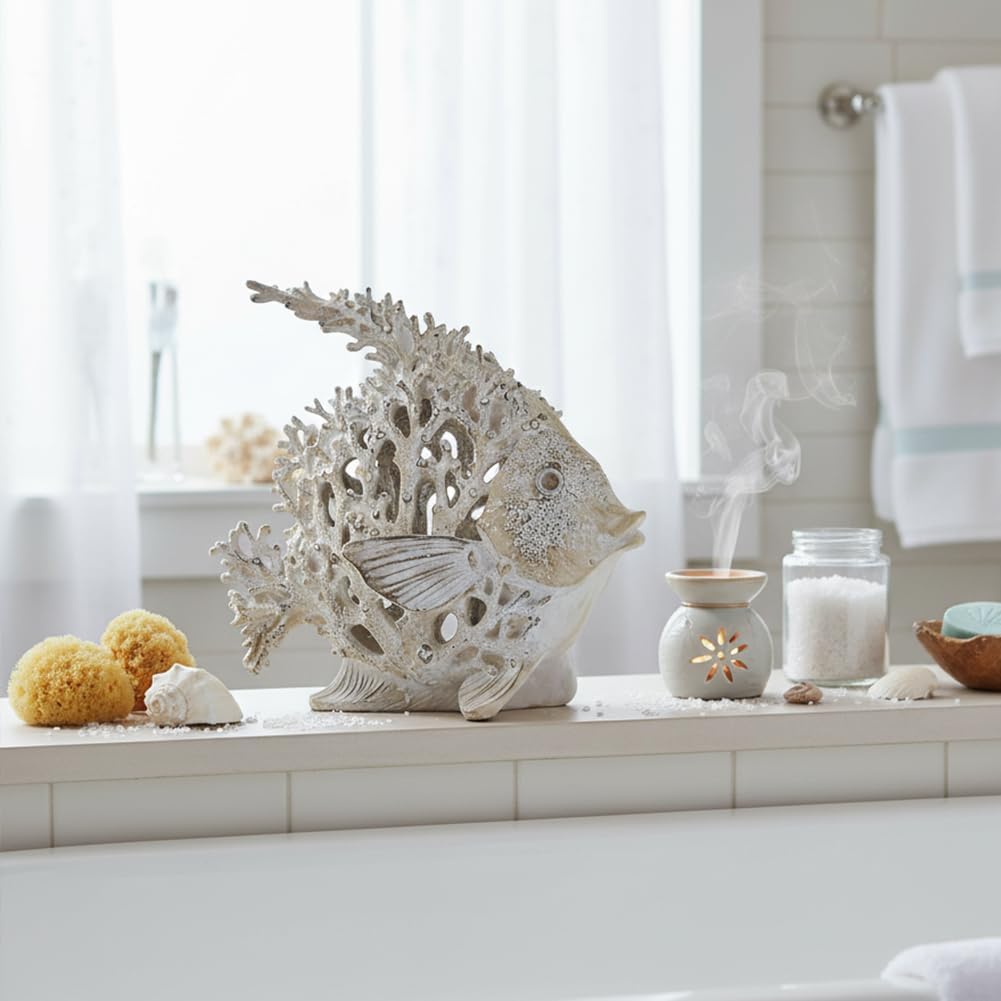 Beach Coastal Decor – 9.8in White Coral Fish Statue, Nautical Coral Reef Figurine for Living Room, Bathroom, Shelf, Desk or Coffee Table, Modern Ocean Accent & Beach House Gift