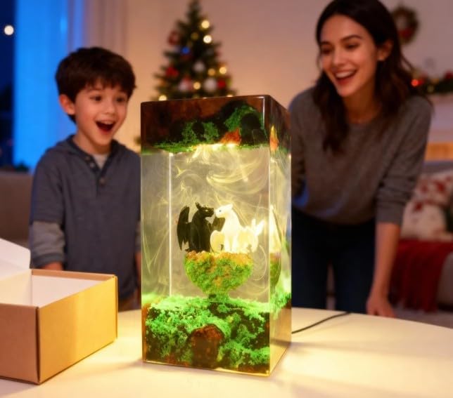 Dragon Resin Lamp – Resin Art Night Light with 16 Color LED, USB Powered Dragon Desk Lamp with Wooden Base & Remote,Handmade Gift for Christmas, New Year
