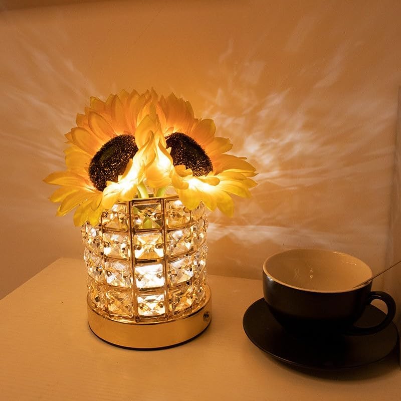 Crystal Cube LED Night Light with Sunflower Vase, USB Rechargeable Table Lamp, 3 Color Modes, Touch Control, Decorative Accent Light for Bedroom, Home (Crystal Column/Pillar (Sunflower))