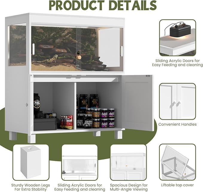 Reptile Terrarium Tank with Storage Cabinet – 60 Gallon Enclosure with Sliding Doors, Mesh Lid, Lock, and Wheels – Snake & Lizard Habitat Stand for Indoor Use